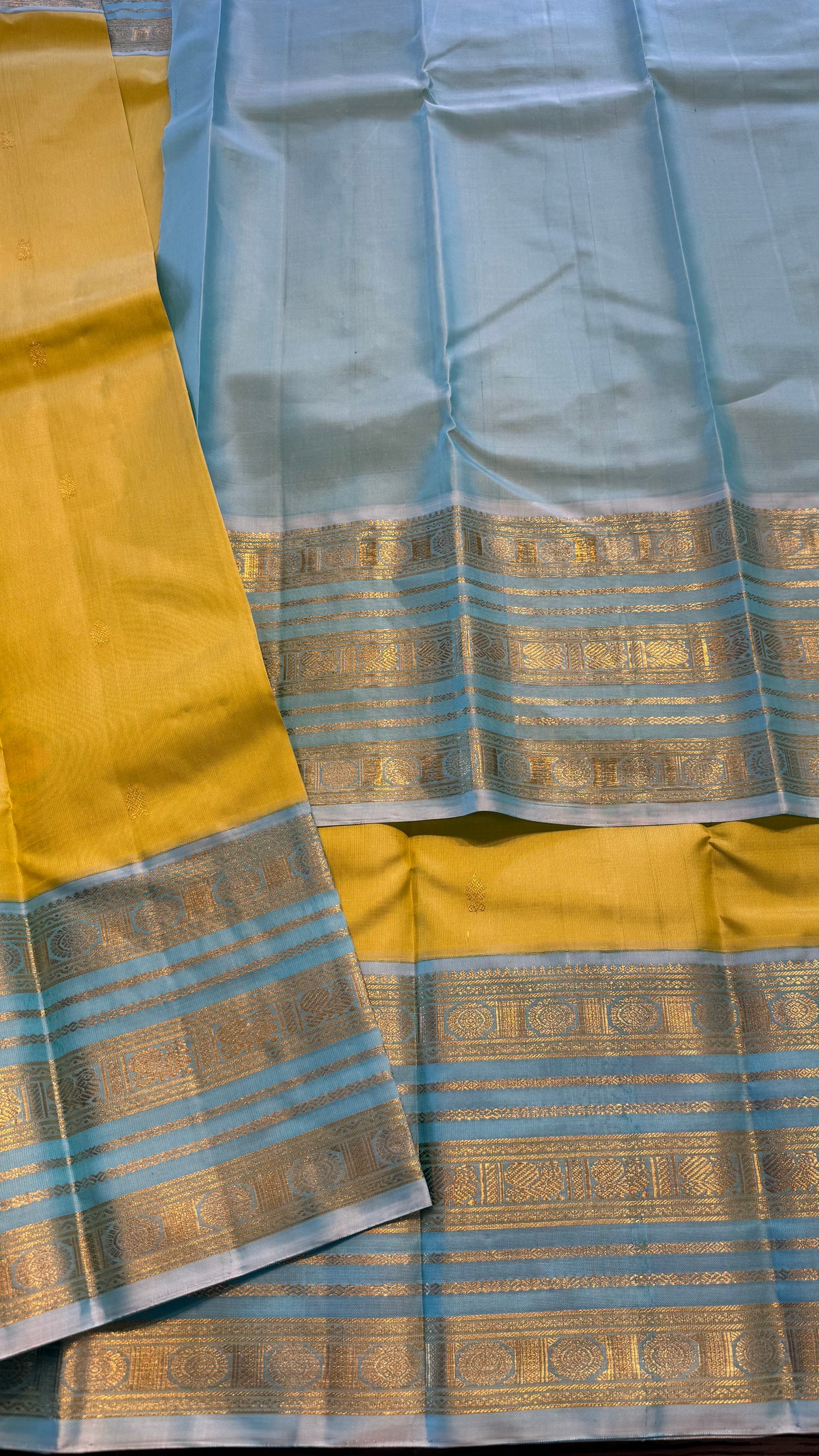 SUGAR CANE YELLOW CONTRAST WITH SKY BLUE PURE HANDLOOM KANCHIPURAM SILK SAREE (KSS 504)