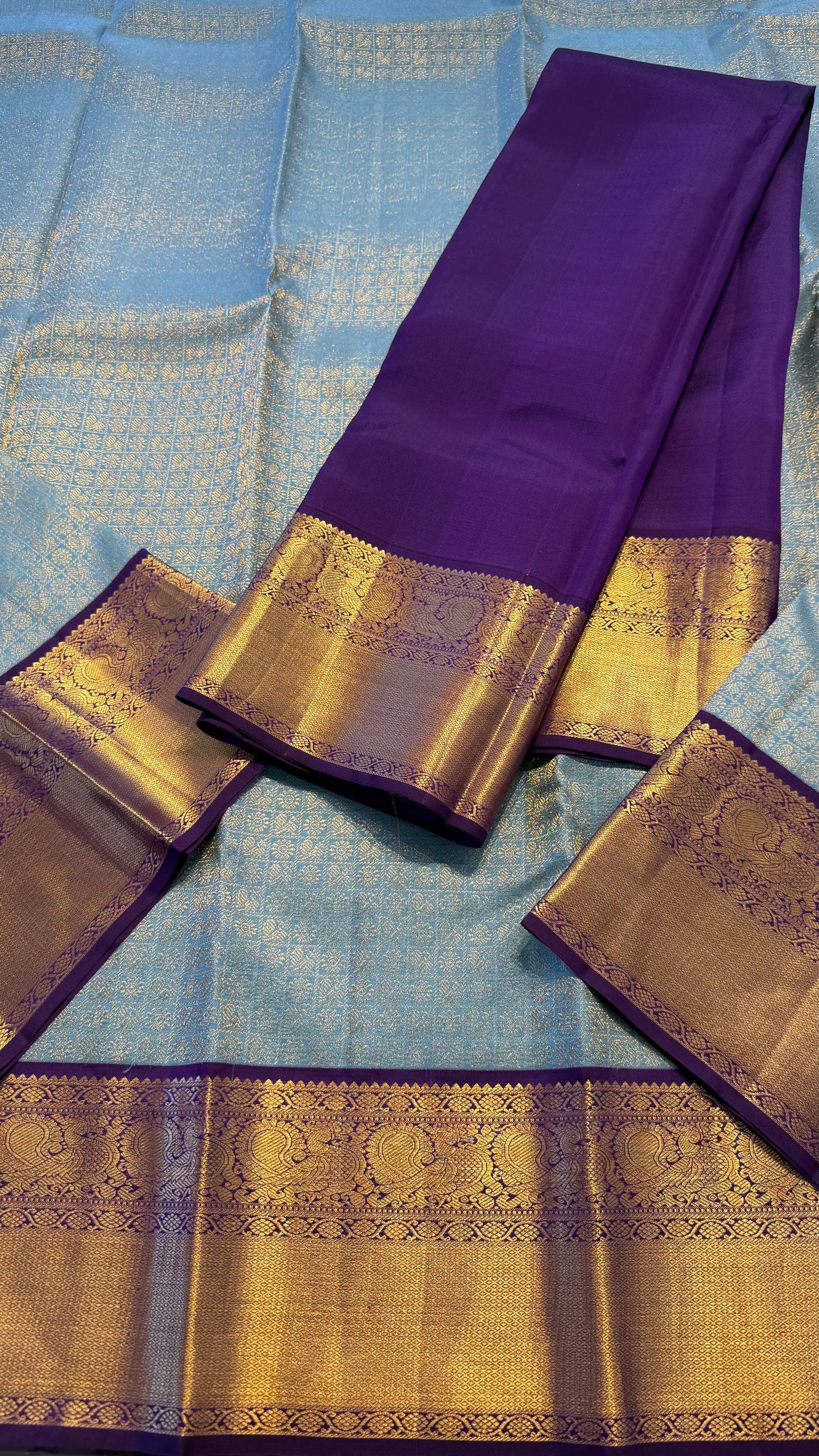 PASTEL MINT GREEN WITH CONTRAST PURPLE GOLD ZARI HANDLOOM KANICHIPURAM SILK SAREE (KSS53)