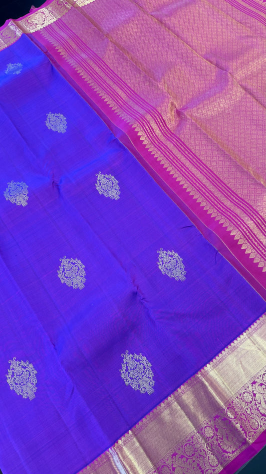 PURPLE WITH CONTRAST RANI PINK GOLD ZARI HANDLOOM KANCHIPURAM SILK SAREE (KSS384)