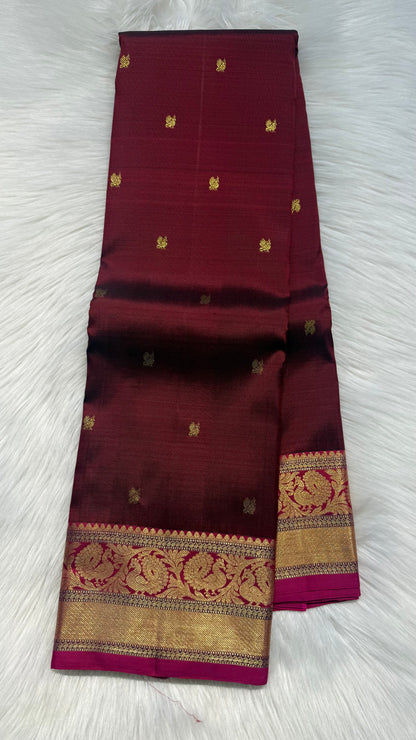 MAROON WITH CONTRAST PINK GOLD ZARI HANDLOOM KANICHIPURAM SILK SAREE (KSS345)