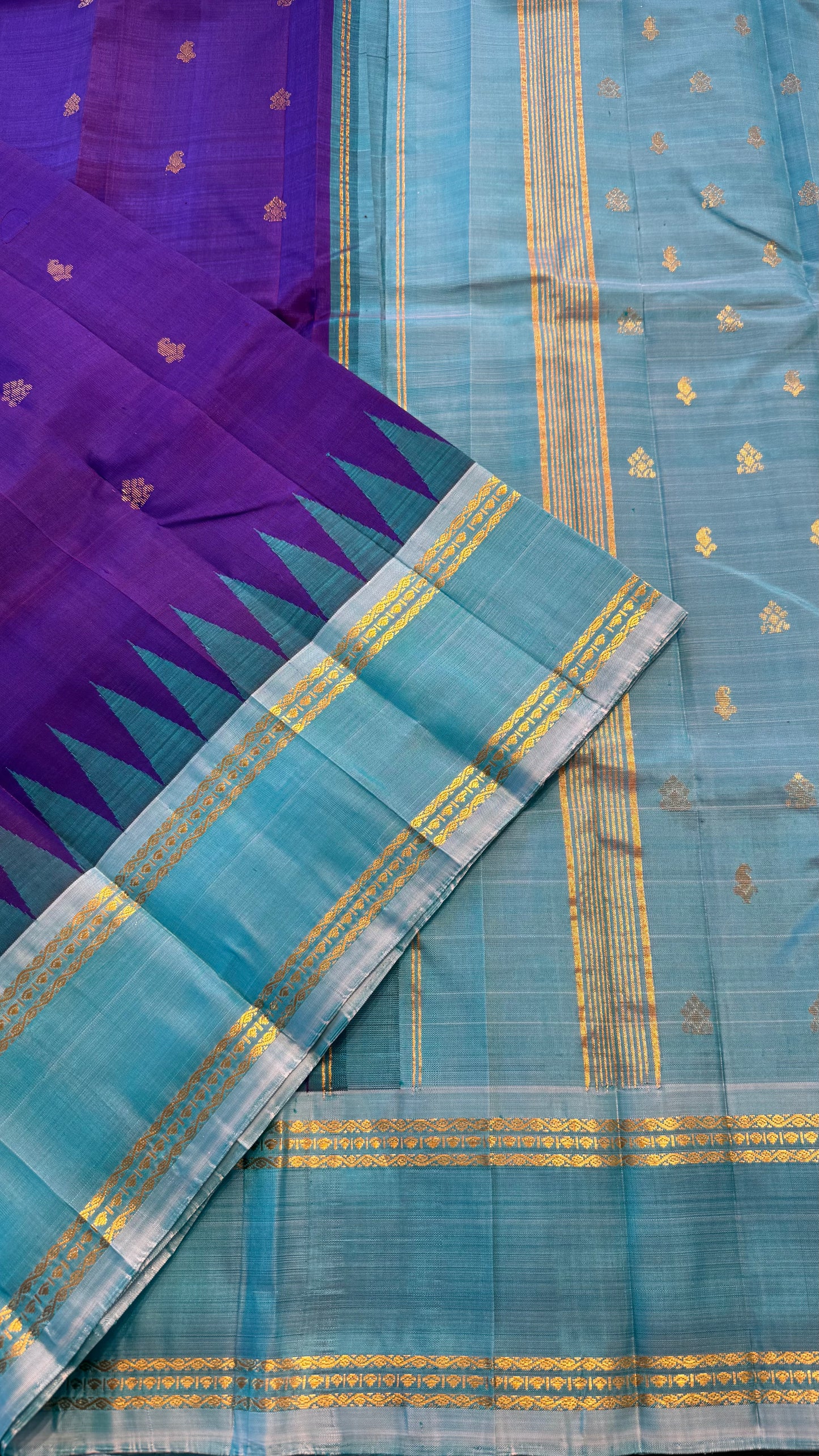 PURPLE WITH CONTRAST AQUA BLUE PURE HANDLOOM KANCHIPURAM SINGLE SIDE BORDER SILK SAREE (KSSB28)