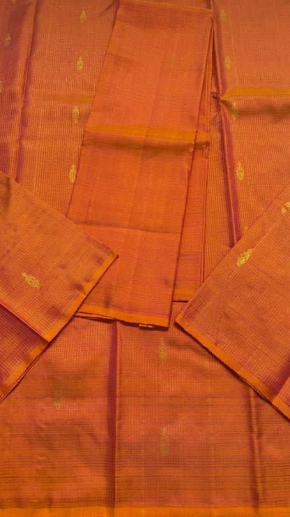 KANAKAMBARAM ORANGE PINK SMALL KATTAM BORDERLESS GOLD ZARI HANDLOOM KANICHIPURAM SILK SAREE (KSS79)