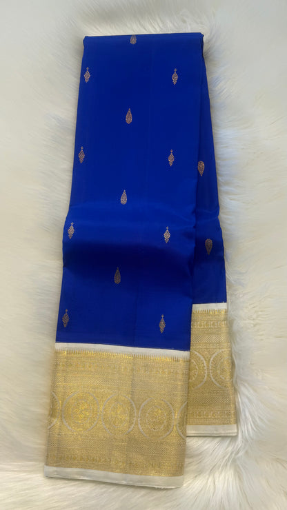 ROYAL BLUE CONTRAST WITH OFF WHITE GOLD ZARI HANDLOOM KANCHIPURAM SILK SAREE (KSS467)