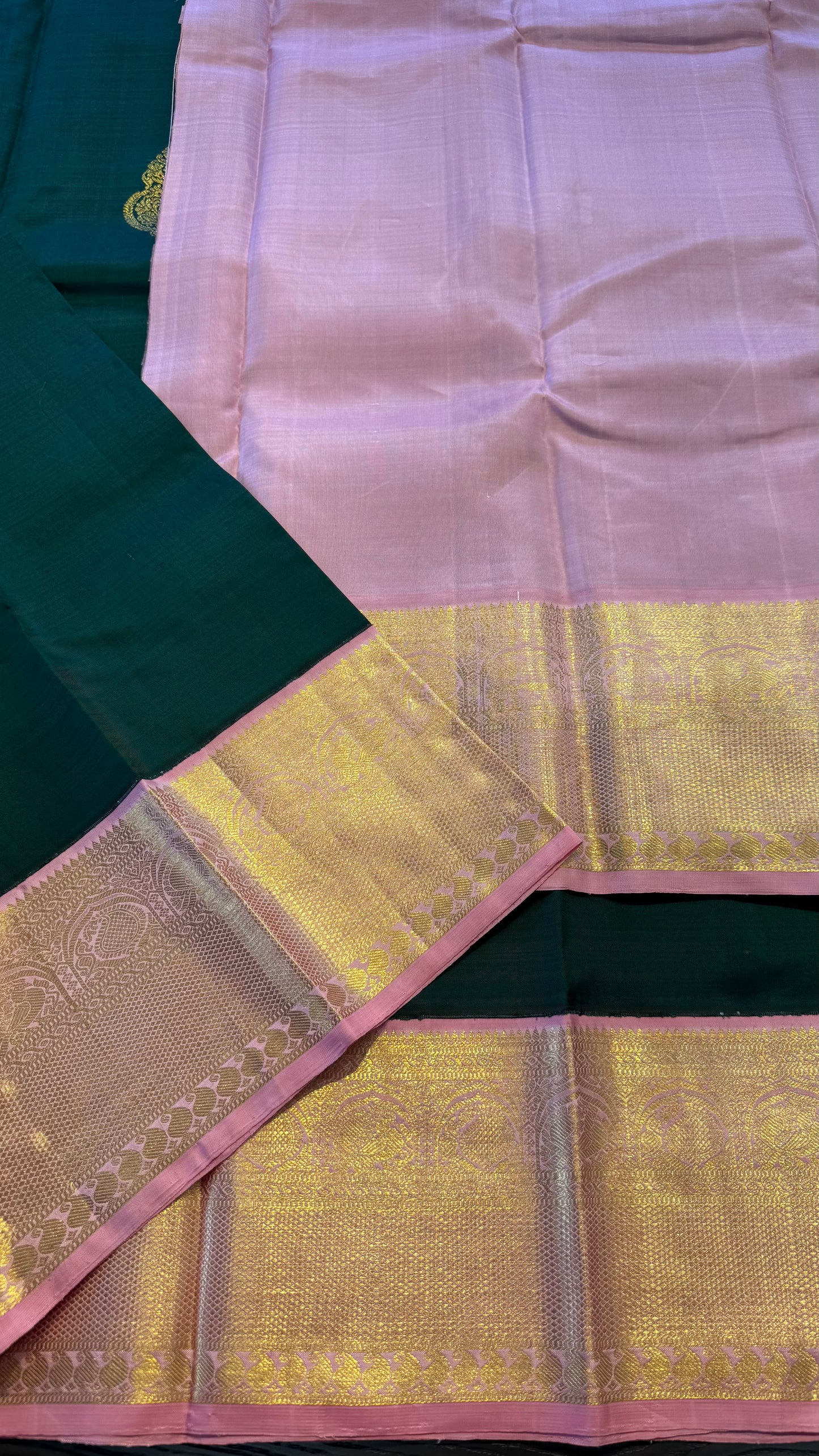 BOTTLE GREEN CONTRAST WITH BABY PINK PURE HANDLOOM KANCHIPURAM SIL SAREE (KSS 500)