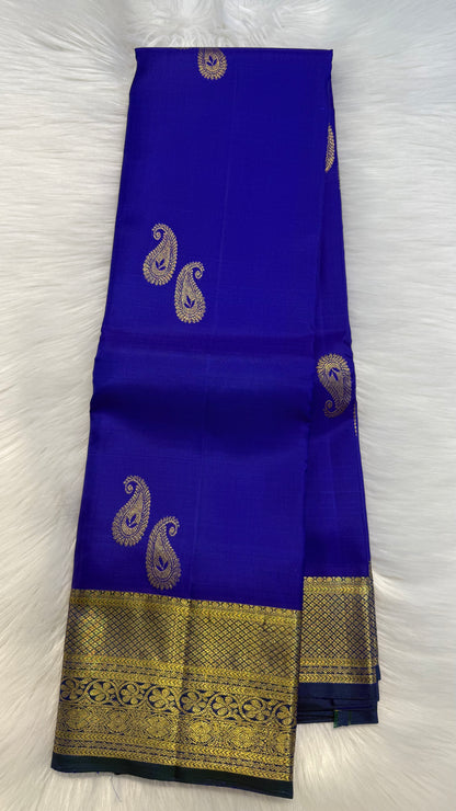 ROYAL BLUE WITH CONTRAST PEACOCK BLUE GOLD ZARI HANDLOOM KANCHIPURAM SILK SAREE (KSS369)