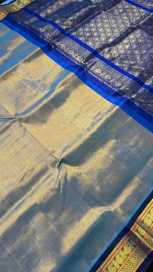 BLUE GOLD WITH ROYAL BLUE HANDLOOM KANCHIPURAM SILK COTTON (KSC112)