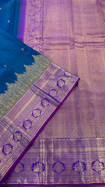 PEACOCK BLUE GREEN WITH CONTRAST PURPLE GOLD ZARI HANDLOOM KANICHIPURAM SILK SAREE (KSS163)