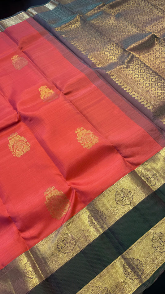 SALMON ORANGE WITH CONTRAST GREEN HANDLOOM KANCHIPURAM SILK SAREE (KSS359)