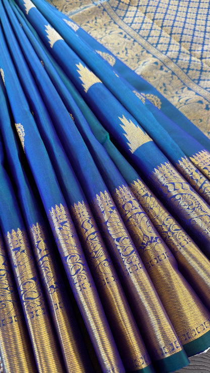PEACOCK BLUE GOLD ZARI HANDLOOM KANICHIPURAM SILK SAREE (KSS95)