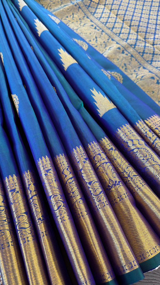 PEACOCK BLUE GOLD ZARI HANDLOOM KANICHIPURAM SILK SAREE (KSS95)