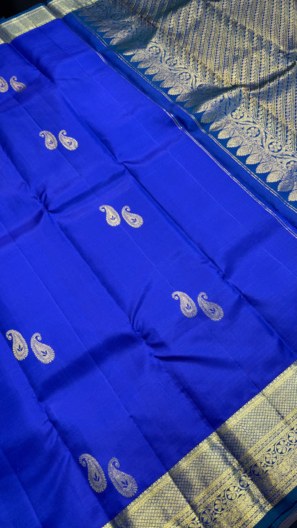 ROYAL BLUE WITH CONTRAST PEACOCK BLUE GOLD ZARI HANDLOOM KANCHIPURAM SILK SAREE (KSS369)