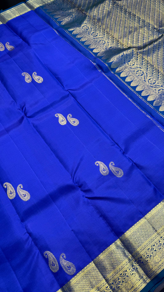 ROYAL BLUE WITH CONTRAST PEACOCK BLUE GOLD ZARI HANDLOOM KANCHIPURAM SILK SAREE (KSS369)