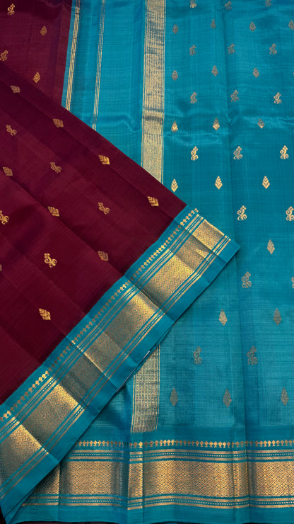 MAROON WITH CONTRAST TURQUOISE PURE HANDLOOM KANCHIPURAM SINGLE SIDE BORDER SILK SAREE (KSSB08)