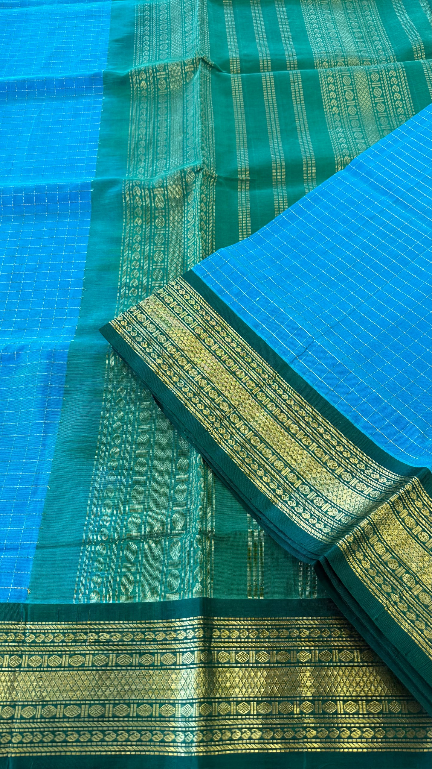 DUAL TONE TURQUOISE BLUE AND GREEN HANDLOOM KANCHIPURAM SILK COTTON (KSC37)