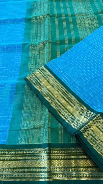 DUAL TONE TURQUOISE BLUE AND GREEN HANDLOOM KANCHIPURAM SILK COTTON (KSC37)