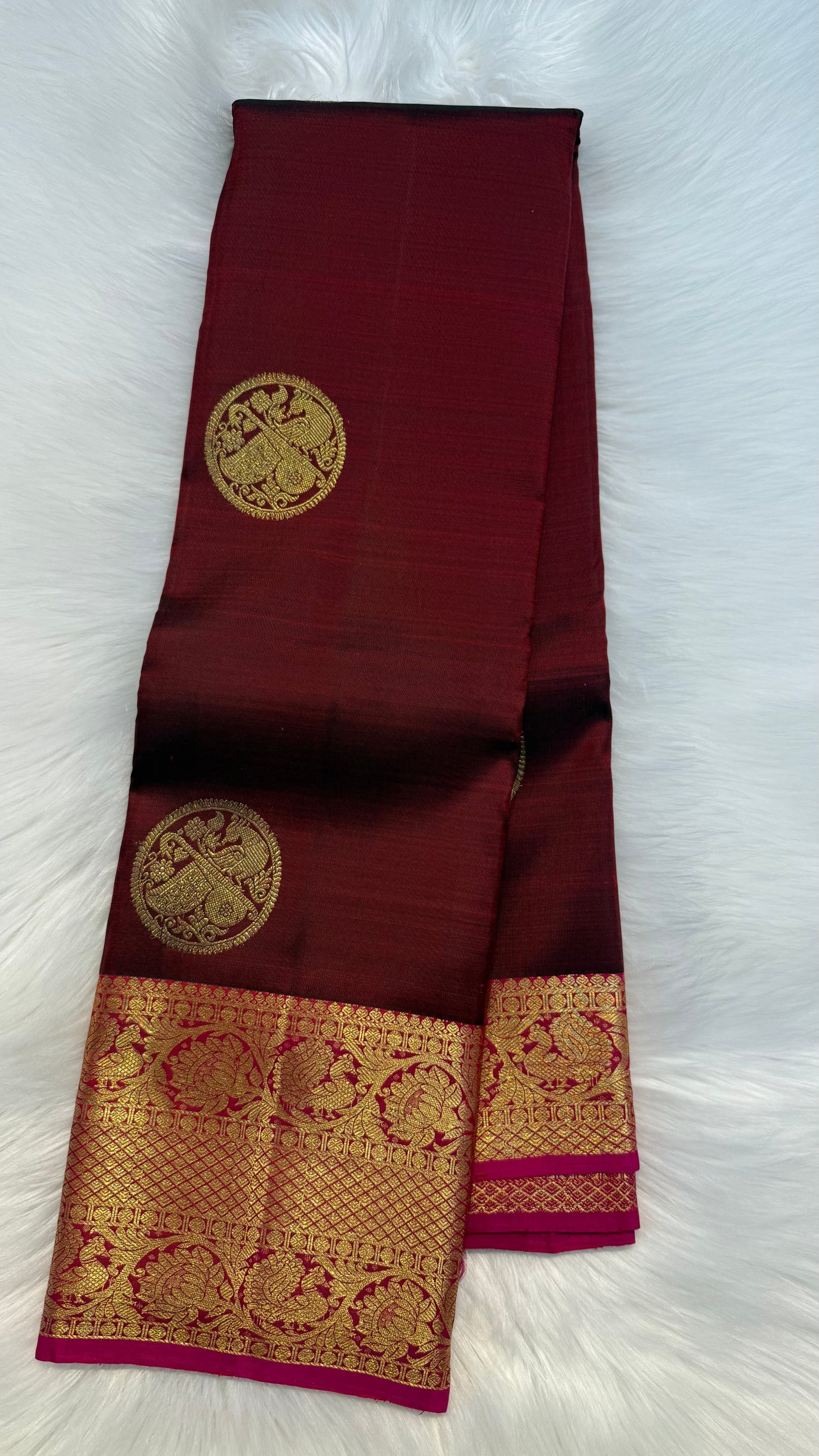 MAROON WITH CONTRAST PINK GOLD ZARI HANDLOOM KANICHIPURAM SILK SAREE (KSS376)