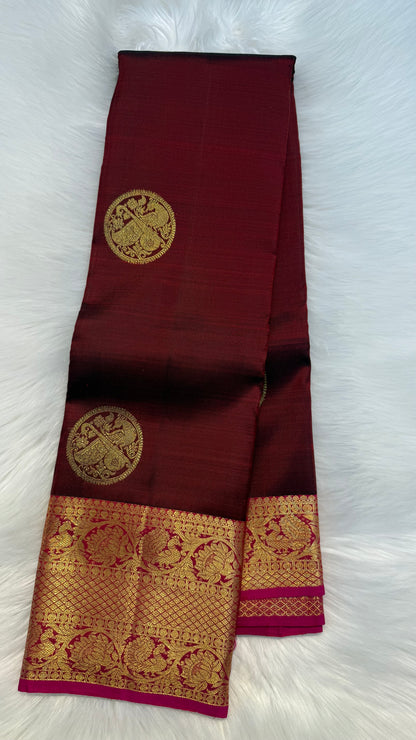MAROON WITH CONTRAST PINK GOLD ZARI HANDLOOM KANICHIPURAM SILK SAREE (KSS376)