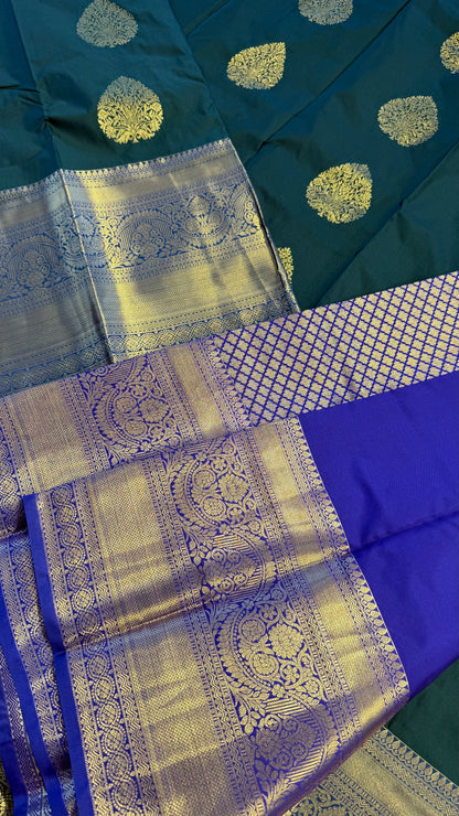 FOREST GREEN WITH CONTRAST BLUE SILK KANICHIPURAM SILK SAREE (SSKS51)