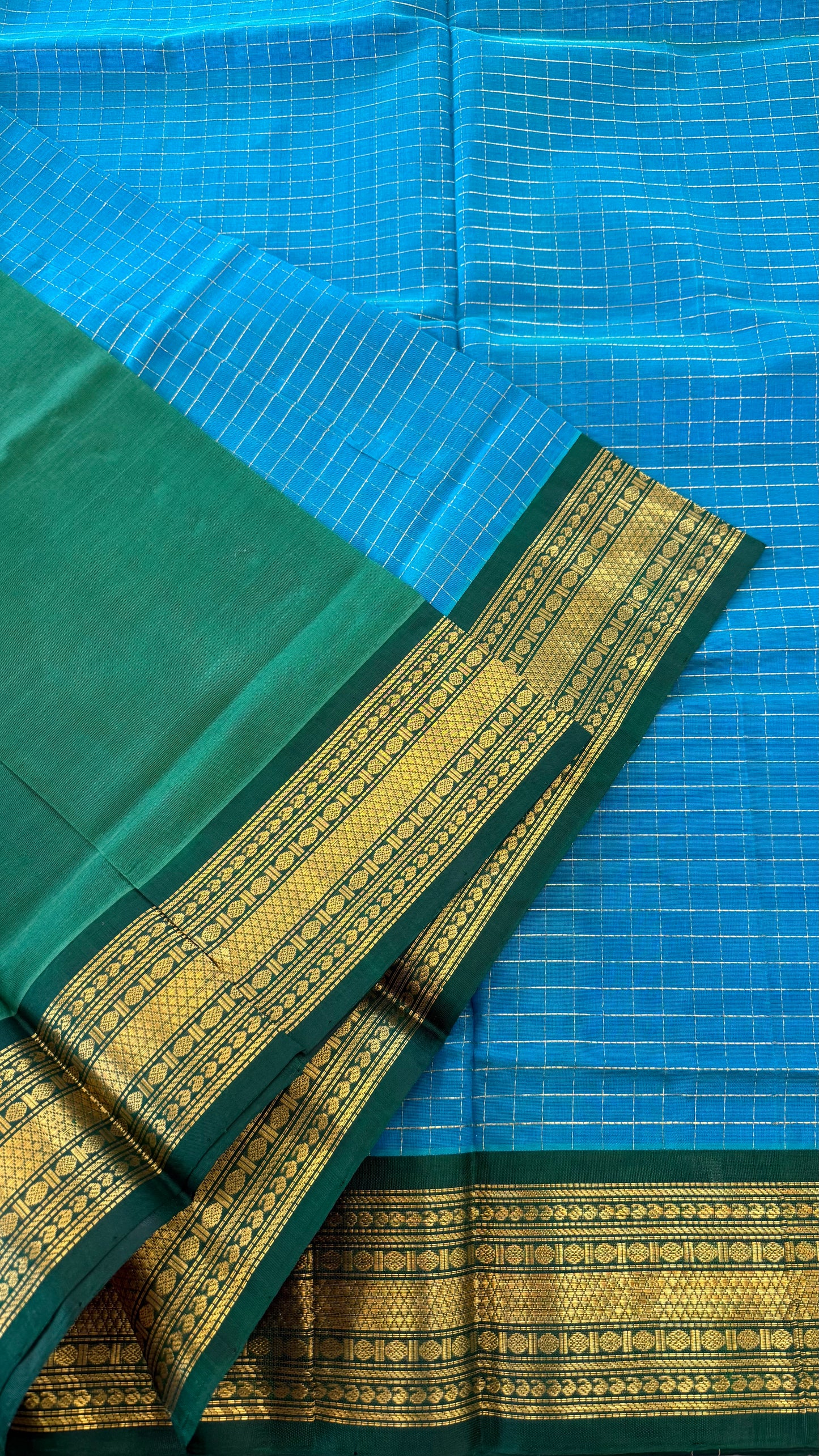 DUAL TONE TURQUOISE BLUE AND GREEN HANDLOOM KANCHIPURAM SILK COTTON (KSC37)