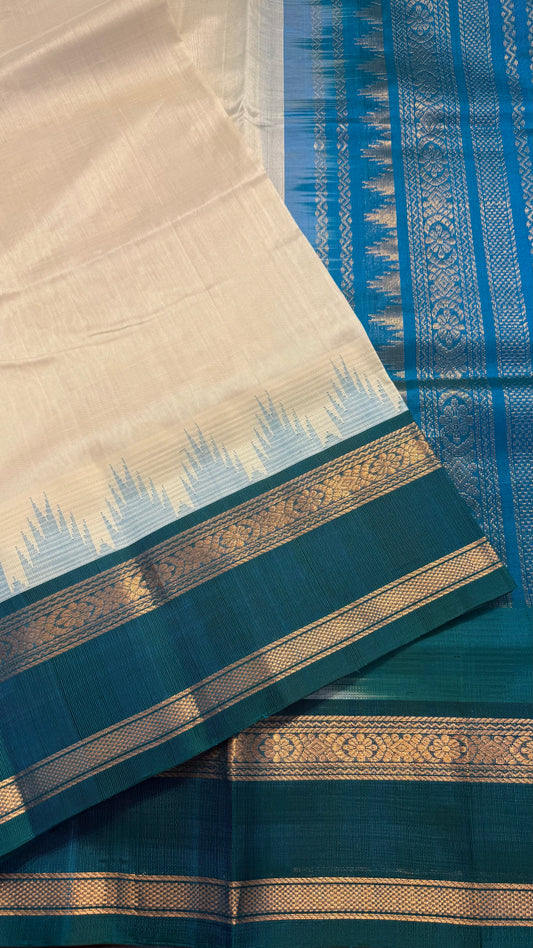 CREAM WITH PEACOCK BLUE TRADITIONAL RETTAI PETTA BORDER HANDLOOM KANCHIPURAM SILK COTTON (KSC44)