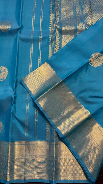AQUA BLUE GOLD ZARI HANDLOOM KANICHIPURAM SILK SAREE (KSS408)