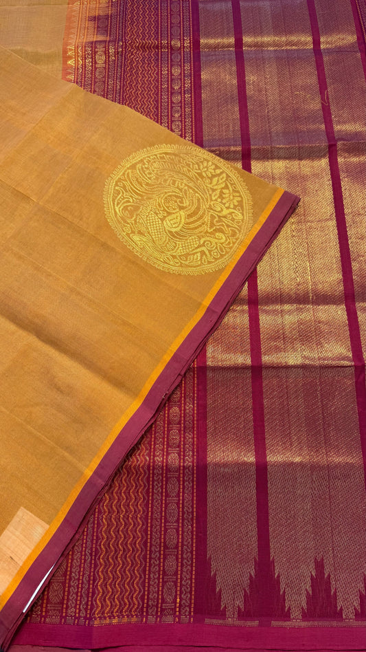 SAFFRON WITH MAROON HANDLOOM KANCHIPURAM SILK COTTON (KSC59)