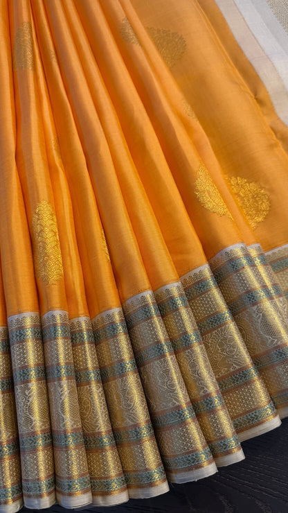 MARIGOLD YELLOW CONTRAST WITH OFF WHITE KANCHIPURAM SILK SAREE (KSS291)