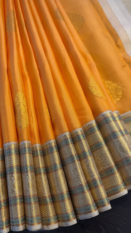 MARIGOLD YELLOW CONTRAST WITH OFF WHITE KANCHIPURAM SILK SAREE (KSS291)