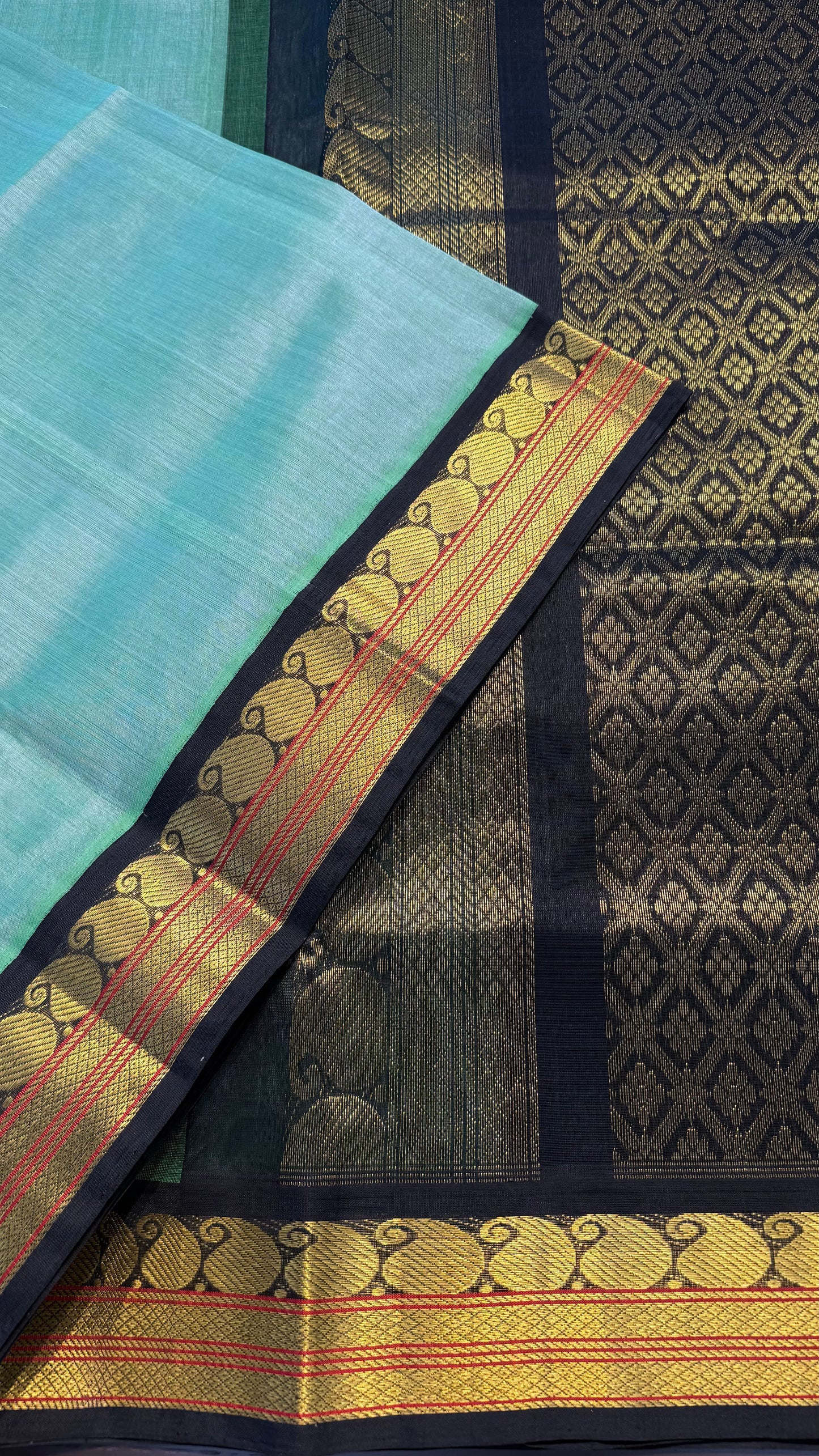 SAGE GREEN WITH CONTRAST BLACK KANCHIPURAM SILK COTTON (KSC19)