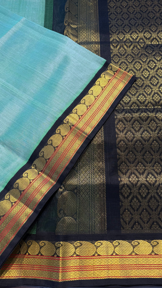 SAGE GREEN WITH CONTRAST BLACK KANCHIPURAM SILK COTTON (KSC19)