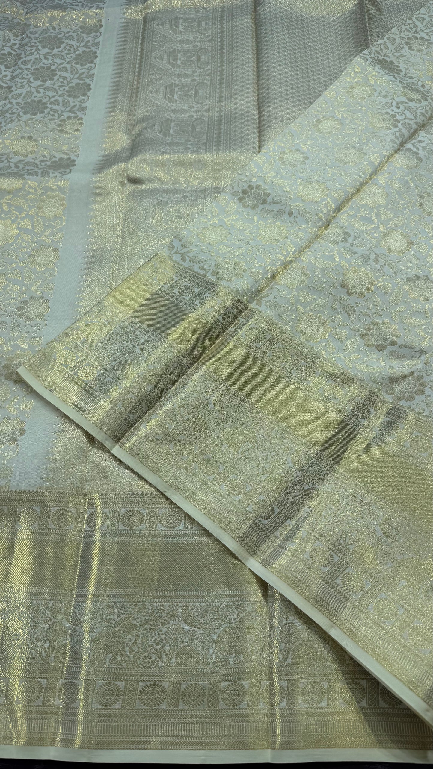 OFF WHITE GOLD ZARI PURE KANCHIPURAM HANDLOOM SILK SAREE SILK(KSS 597)