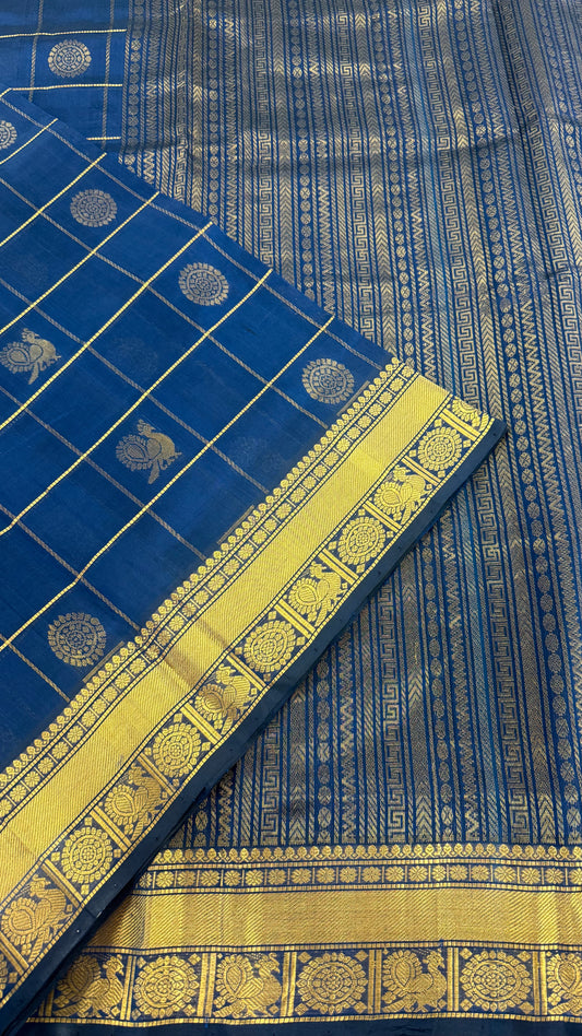 DARK ELECTRICAL BLUE KATTAM KANCHIPURAM SILK COTTON (KSC86)