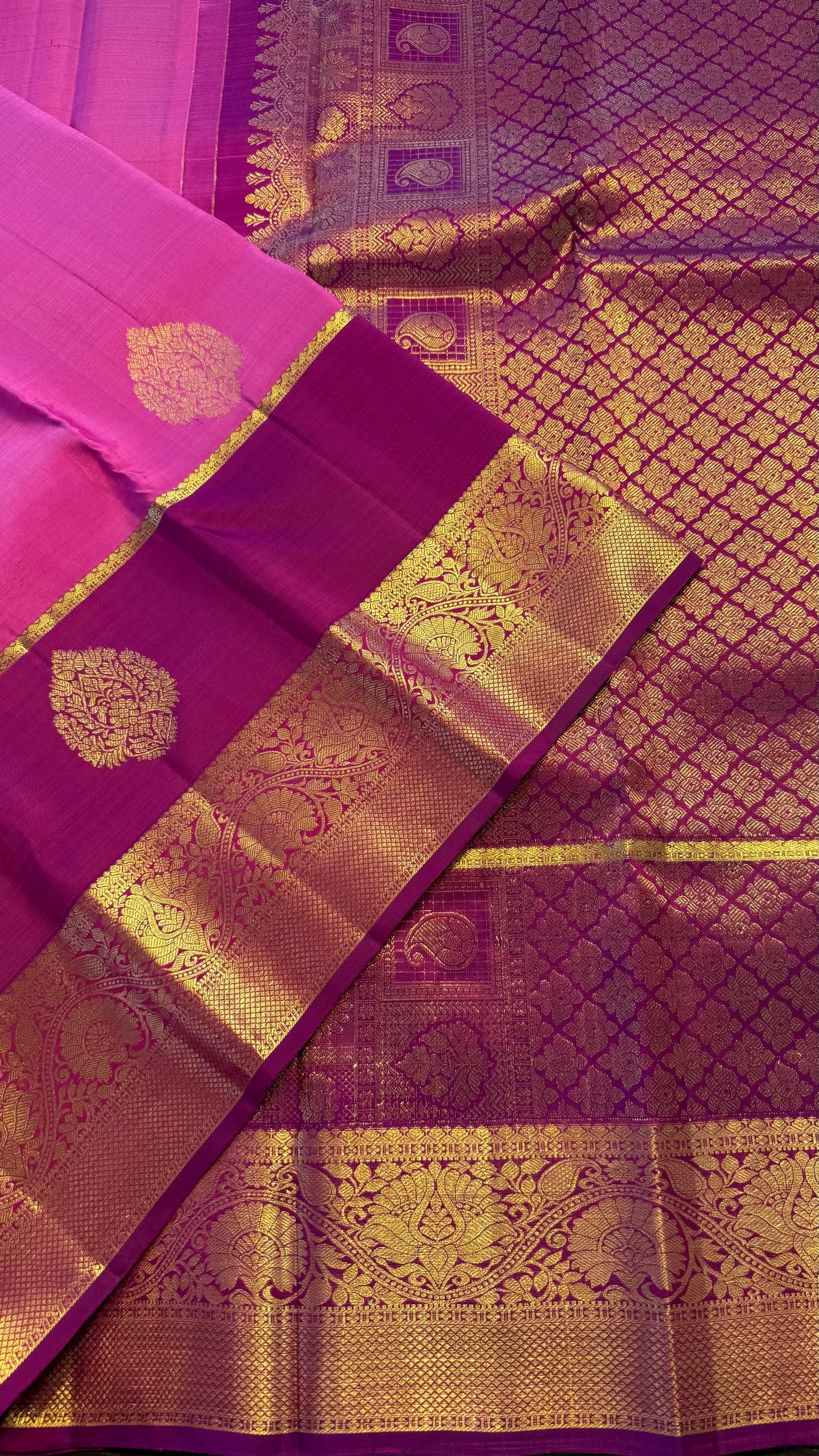 STRAWBERRY PINK WITH CONTRAST VADAMALLI PURPLE KANCHIPURAM HANDLOOM SILK SAREE (KSS431)