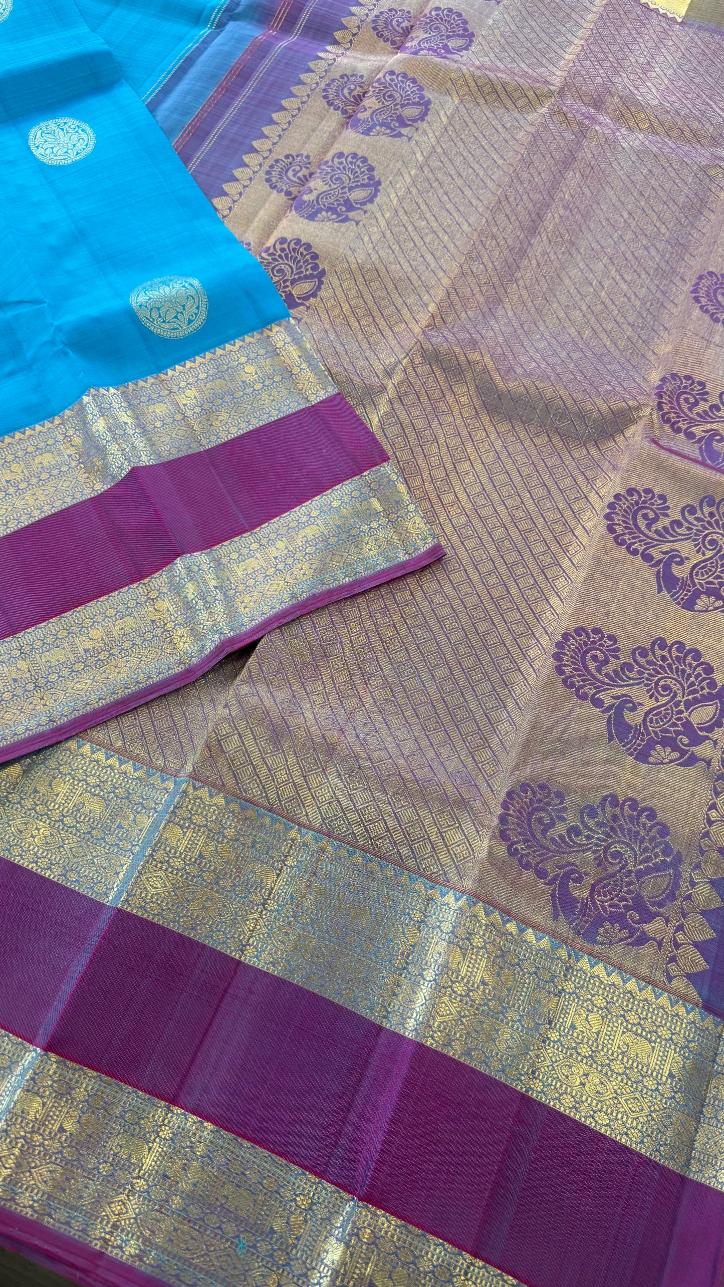 TURQUOISE BLUE WITH CONTRAST PURPLE GOLD ZARI HANDLOOM KANICHIPURAM SILK SAREE (KSS165)