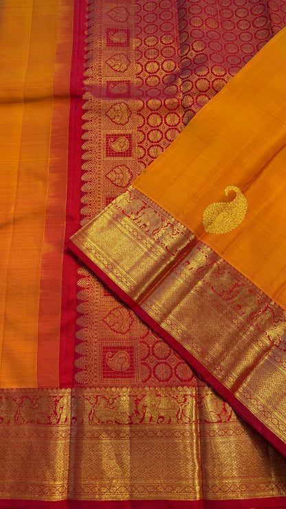 MANGO YELLOW WITH CONTRAST RED GOLD ZARI HANDLOOM KANCHIPURAM SILK SAREE (KSS406)