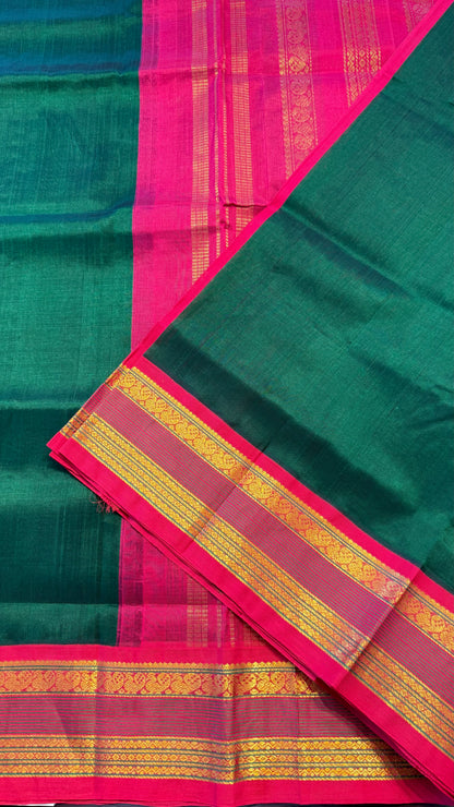 DARK GREEN WITH RANI PINK HANDLOOM KANCHIPURAM SILK COTTON (KSC105)