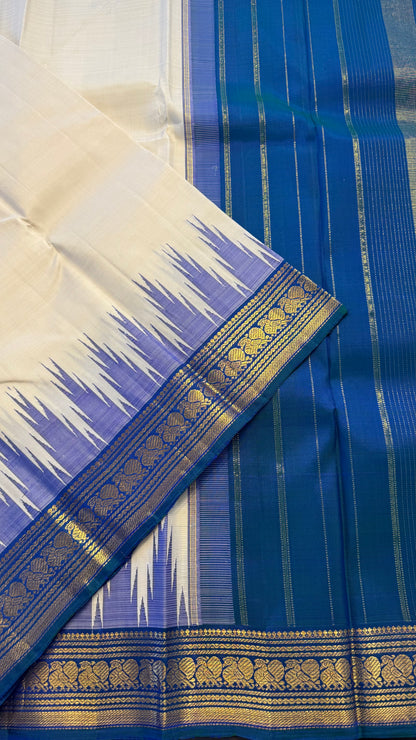 CREAM WITH CONTRAST PEACOCK BLUE GOLD ZARI HANDLOOM KANCHIPURAM SILK SAREE (KSS293)