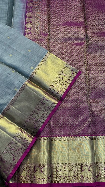 GREY WITH CONTRAST PINK GOLD ZARI HANDLOOM KANCHIPURAM SILK SAREE (KSS335)