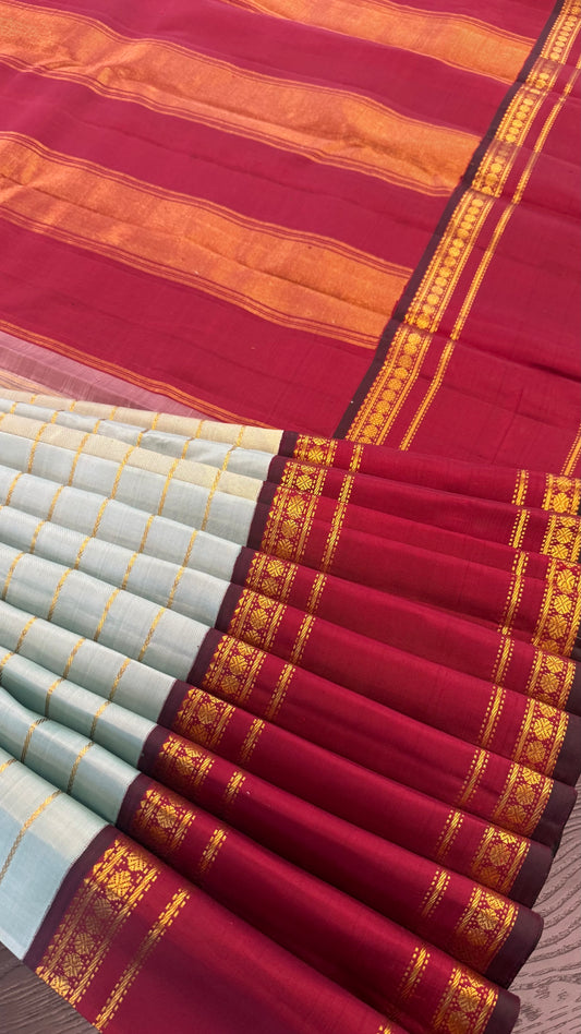 TRADITIONAL TIFFANY BLUE WITH CONTRAST MAROON RETTAI PETTA GOLD ZARI HANDLOOM KANICHIPURAM SILK SAREE (KSS262)