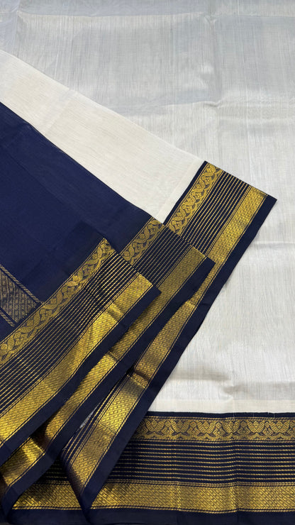 OFF WHITE WITH NAVY BLUE HANDLOOM KANCHIPURAM SILK COTTON (KSC104)