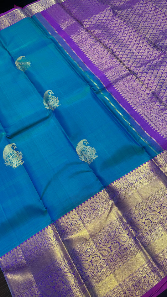 PEACOCK BLUE CONTRAST PURPLE GOLD ZARI HANDLOOM KANICHIPURAM SILK SAREE (KSS415)