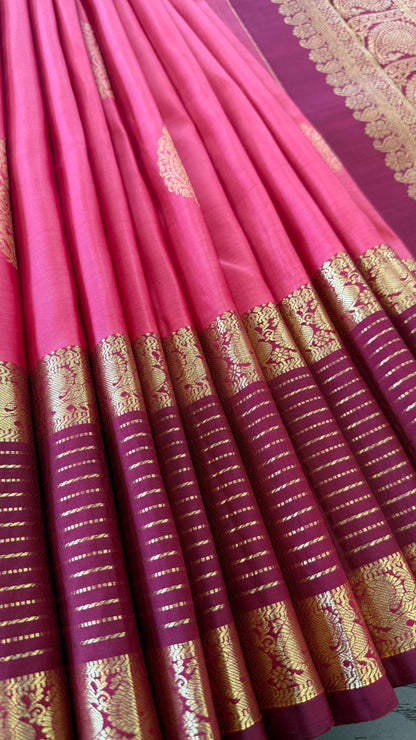 ROSE PINK WITH CONTRAST MAROON GOLD ZARI HANDLOOM KANICHIPURAM SILK SAREE (KSS158)