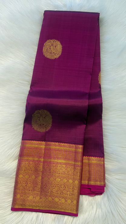WINE PURPLE WITH CONTRAST PINK GOLD ZARI HANDLOOM KANCHIPURAM SILK SAREE (KSS365)
