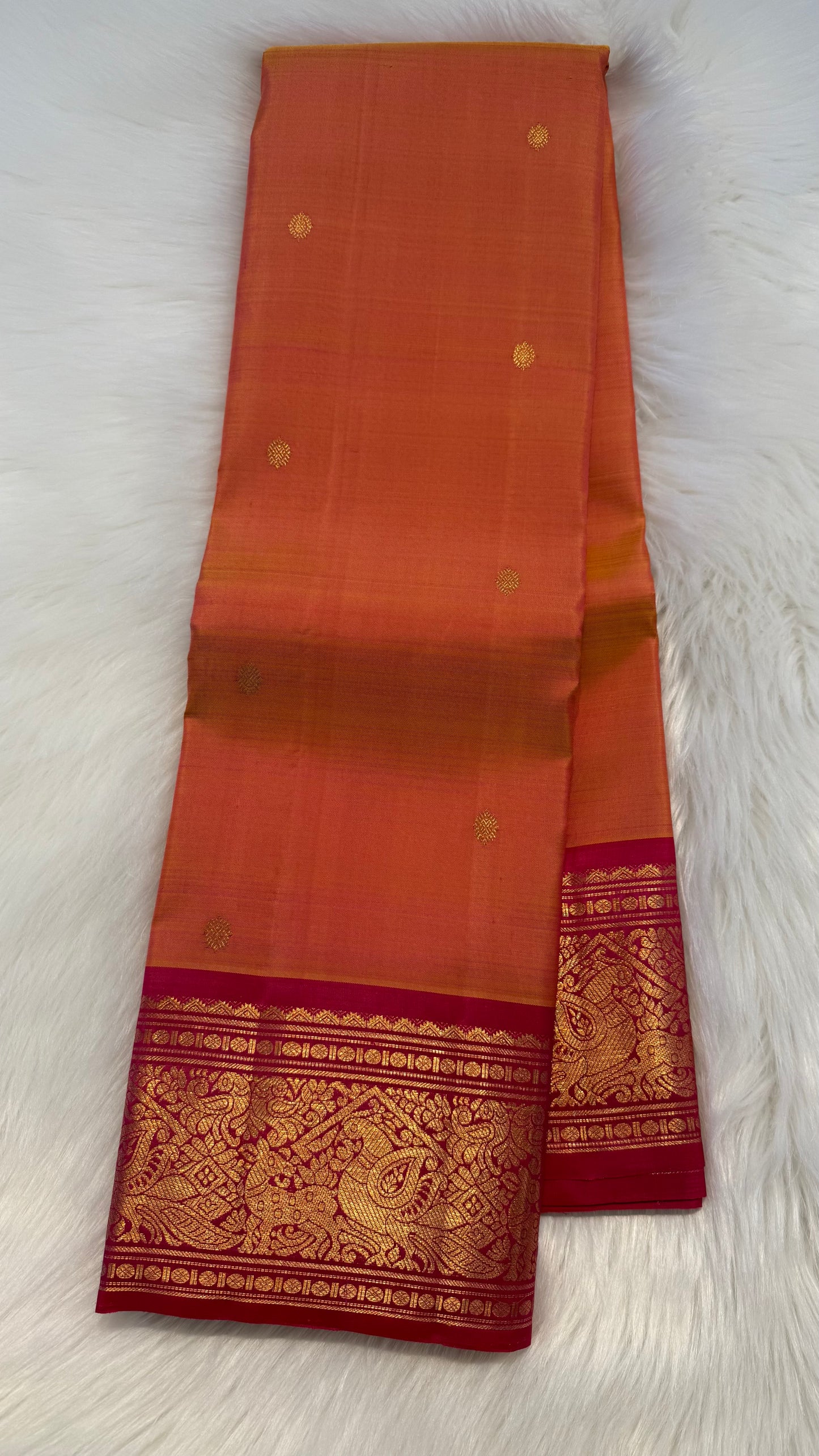 DUAL TONE YELLOW WITH PINK GOLD ZARI HANDLOOM KANICHIPURAM SILK SAREE (KSS175)