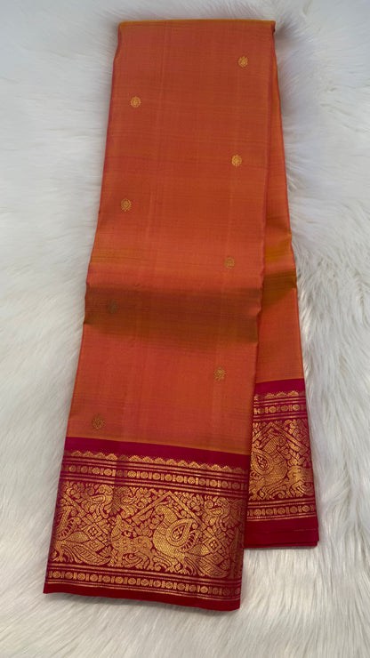 DUAL TONE YELLOW WITH PINK GOLD ZARI HANDLOOM KANICHIPURAM SILK SAREE (KSS175)
