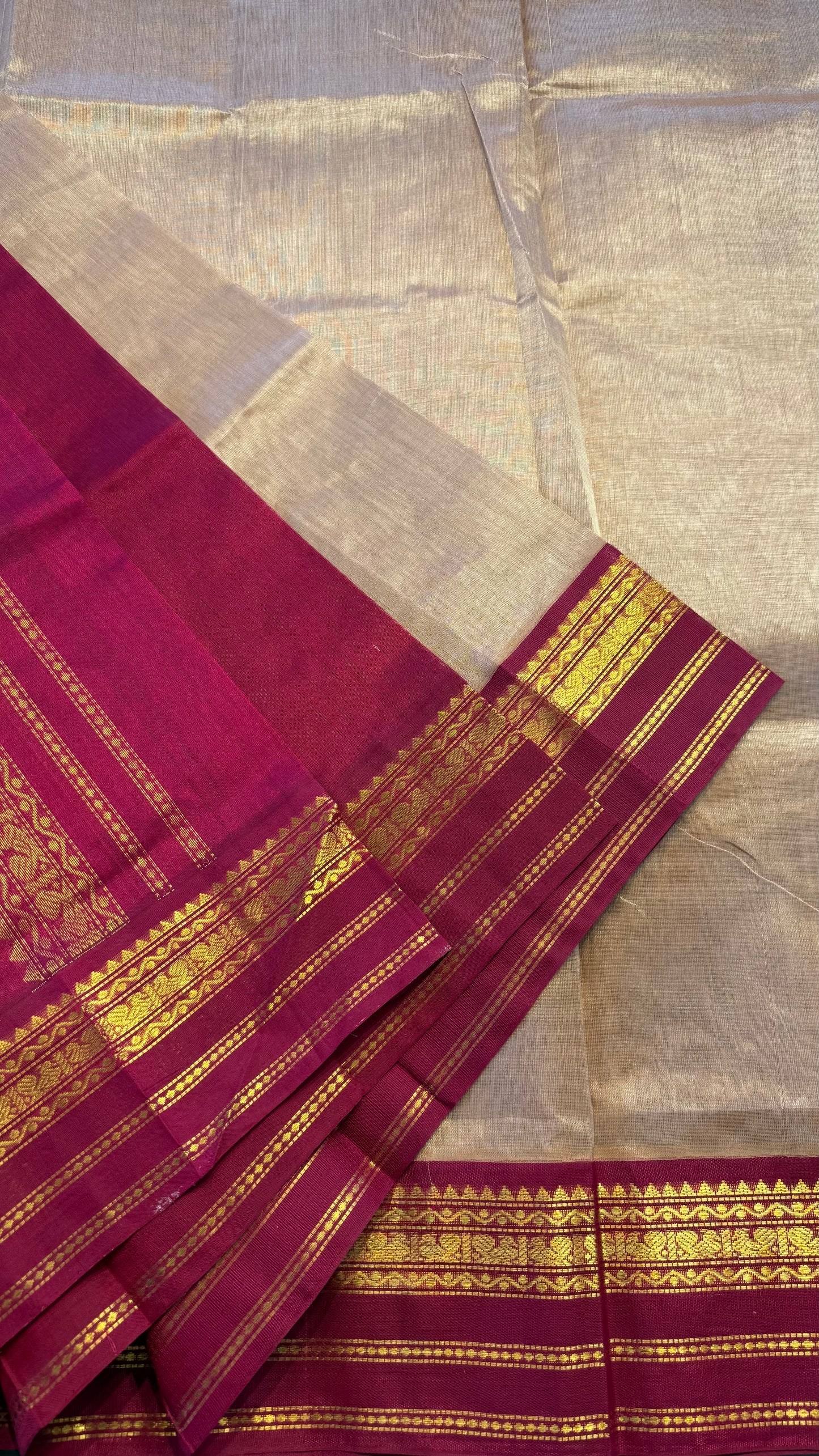 LIGHT BROWN WITH MAROON HANDLOOM KANCHIPURAM SILK COTTON (KSC110)