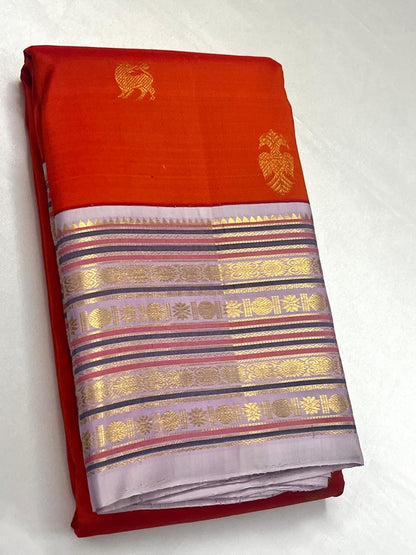 TRADITIONAL GANDABHERUNDA-YAZHI BRIGHT FANTA ORANGE & LAVENDER GOLD ZARI PURE KANCHIPURAM HANDLOOM SILK SAREE KSC 03
