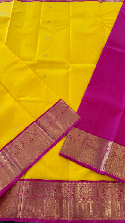 BRIGHT YELLOW WITH CONTRAST PINK GOLD ZARI HANDLOOM KANICHIPURAM SILK SAREE (KSS109)