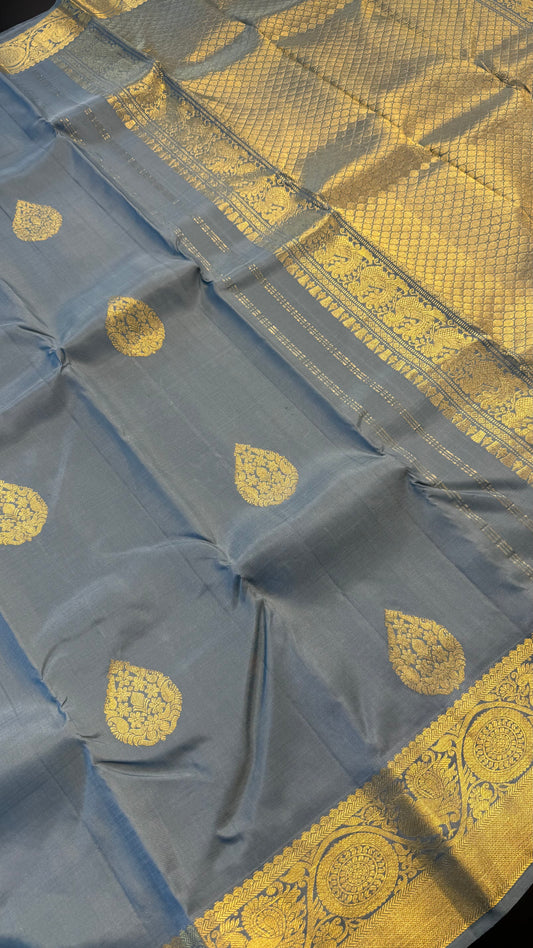 SATIN SOFT BLUE GOLD ZARI HANDLOOM KANCHIPURAM SILK SAREE (KSS355)
