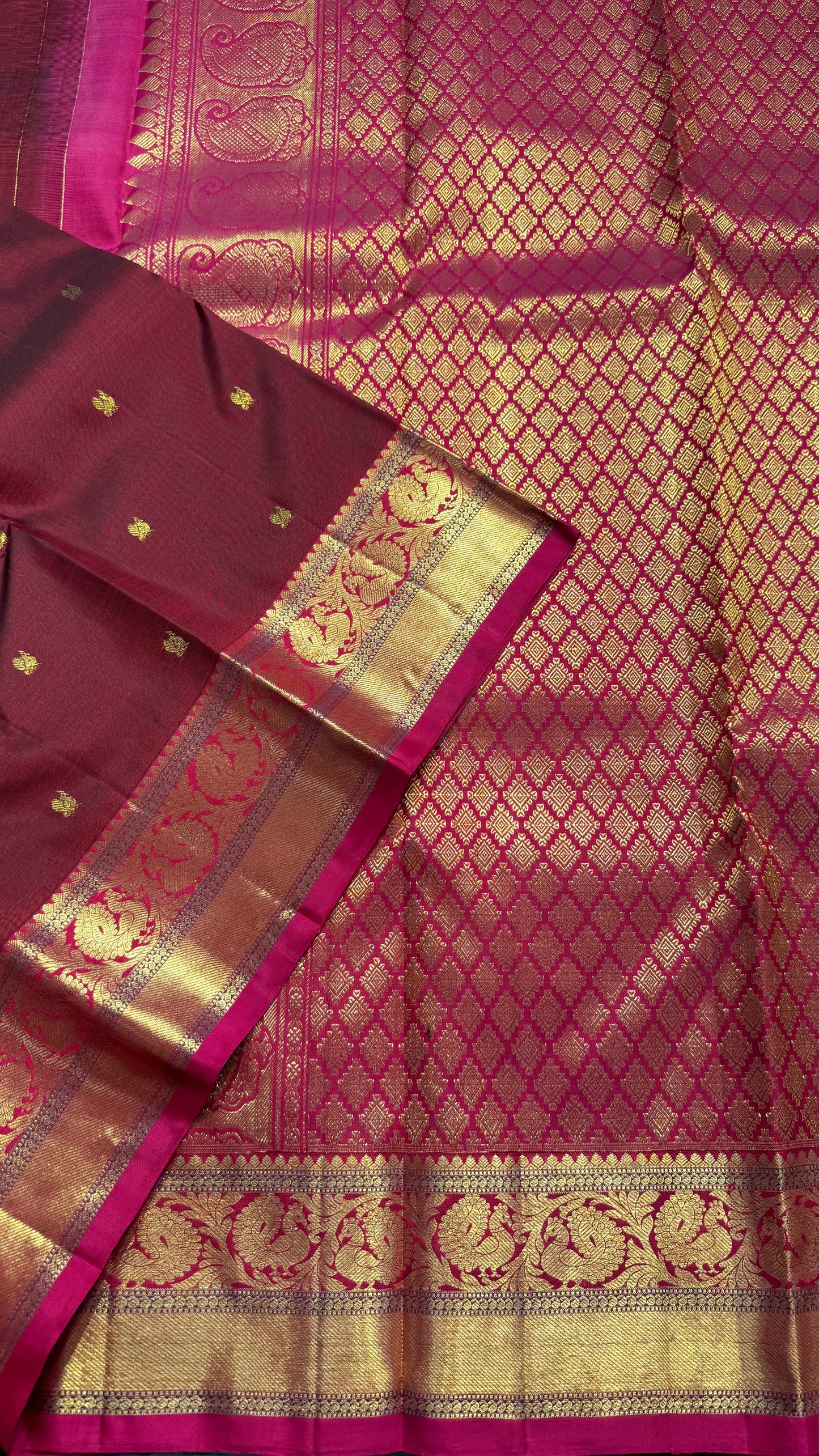 MAROON WITH CONTRAST PINK GOLD ZARI HANDLOOM KANICHIPURAM SILK SAREE (KSS345)